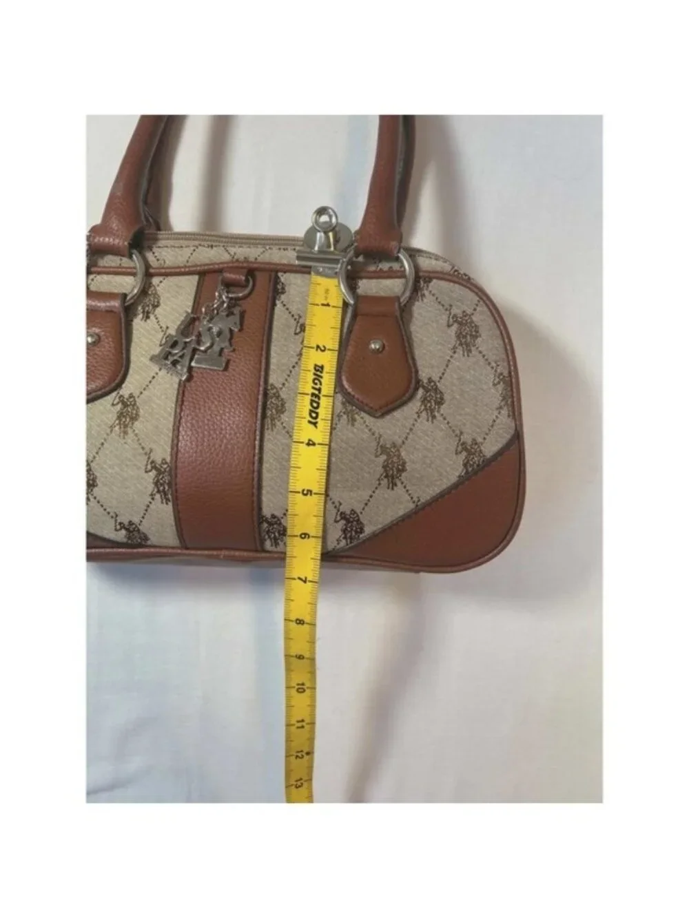 US Polo Assn Monogram Satchel Handbag Brown Canvas Faux Leather Horse Print Logo